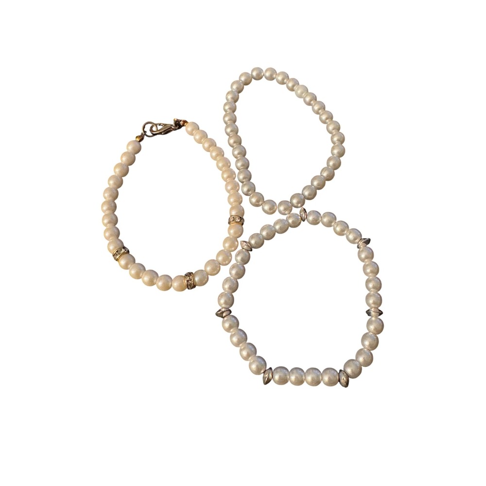 Set of 3 Faux Pearl Bracelets Rhinestone Accents Cream White Classic Wedding